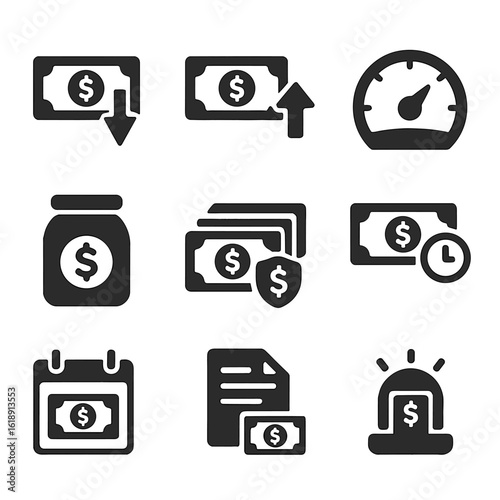 Cash Flow Icons. Solid, filled icons set of cash flow and liquidity management: cash inflow, cash outflow,