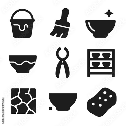 Ceramic Glazing Icons. Solid, filled icons set of glazing and finishing ceramics: glaze bucket, paintbrush,