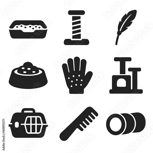 Cat Care Icons. Solid, filled icons set of cat care at home: litter box, scratching post, feather toy, food