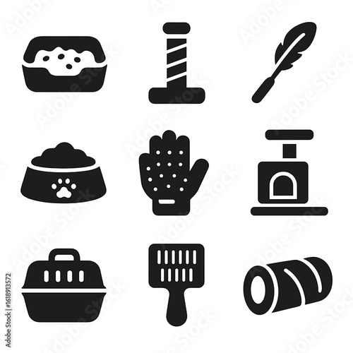 Cat Care Icons. Solid, filled icons set of cat care at home: litter box, scratching post, feather toy, food