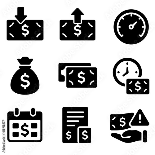 Cash Flow Icons. Solid, filled icons set of cash flow and liquidity management: cash inflow, cash outflow,