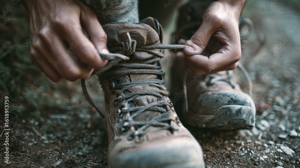 Fototapeta premium Person tying hiking boots