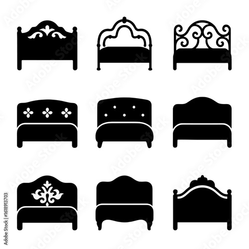 Classic Headboard Icons. Solid, filled icons set of classic and vintage headboard designs: carved wood detail,
