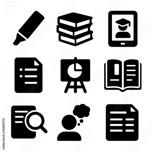 Classroom Tool Icons. Solid, filled icons set of classroom learning support tools: whiteboard marker, learning