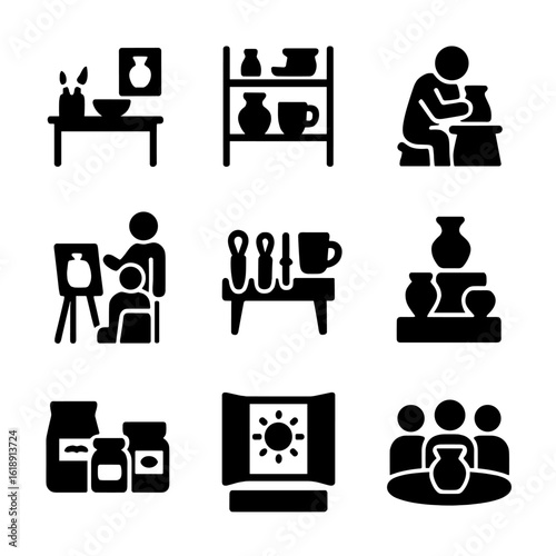 Clay Art Studio Icons. Solid, filled icons set of clay art studio: creative workspace, shelves with ceramics,