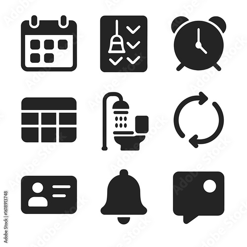 Cleaning Icon Grid. Solid, filled icons set of cleaning schedule and reminders: calendar icon, cleaning