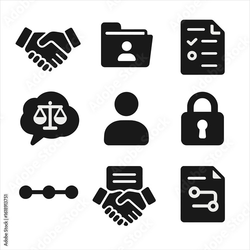 Client Consultation Icons. Solid, filled icons set of client consultation and case intake: handshake icon,
