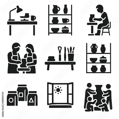 Clay Studio Icons. Solid, filled icons set of clay art studio: creative workspace, shelves with ceramics,