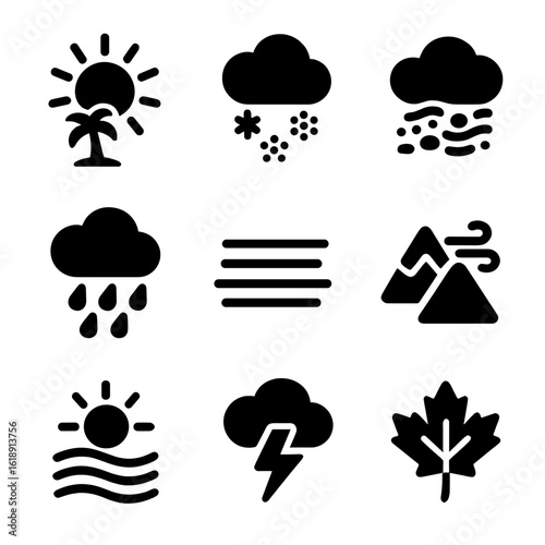 Climate Icon Set. Solid, filled icons set of climate and weather across countries: tropical sun, snowfall,