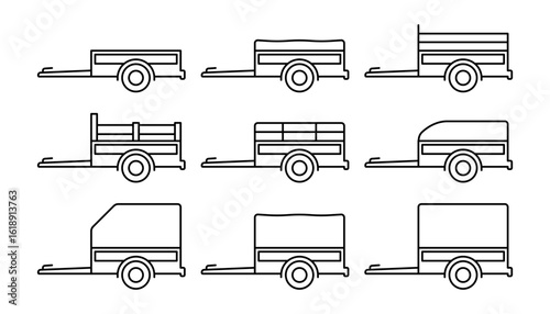 Set of small car trailers. Black outline linear silhouette. Editable strokes. Side view. Vector simple flat graphic illustration. Isolated object on white background. Isolate.