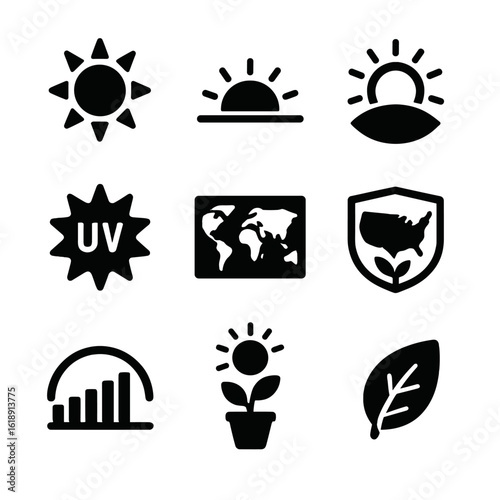 Climate and Sunlight Icons. Solid, filled icons set of climate zones and plant sunlight needs: equator sun