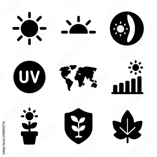 Climate and Sunlight Icons. Solid, filled icons set of climate zones and plant sunlight needs: equator sun