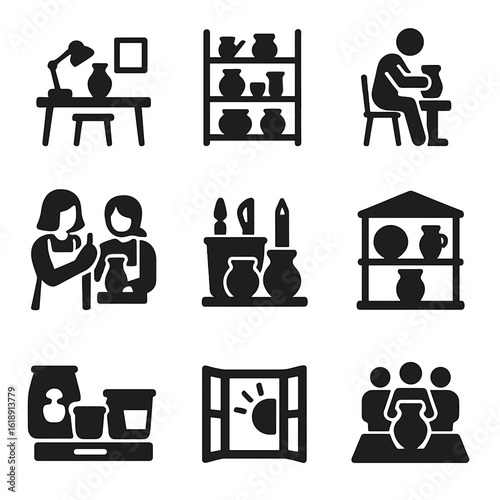 Clay Studio Icons. Solid, filled icons set of clay art studio: creative workspace, shelves with ceramics,
