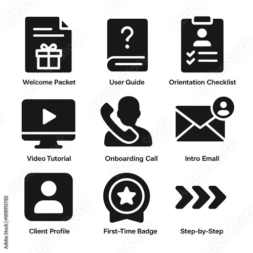 Client Onboarding Icons. Solid, filled icons set of client onboarding process: welcome packet, user guide,