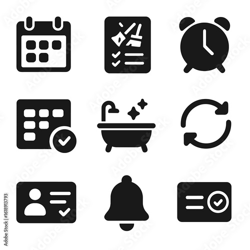 Cleaning Schedule Icons. Solid, filled icons set of cleaning schedule and reminders: calendar icon, cleaning