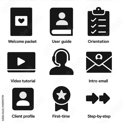 Client Onboarding Icons. Solid, filled icons set of client onboarding process: welcome packet, user guide,