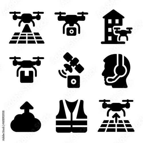 Commercial Drone Icons. Solid, filled icons set of commercial drone use: drone surveying, mapping, inspection