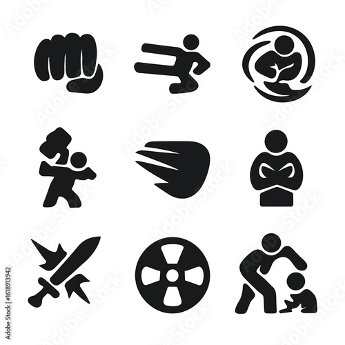 Combat Moves Icons. Solid, filled icons set of combat moves and attacks: punch icon, flying kick, spinning