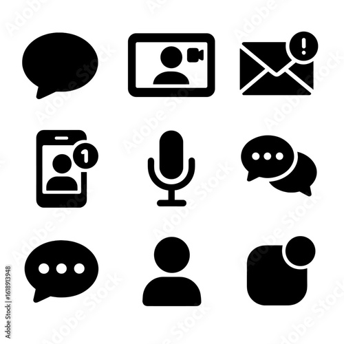 Communication Icon Set. Solid, filled icons set of communication and mobile messaging: message bubble, video