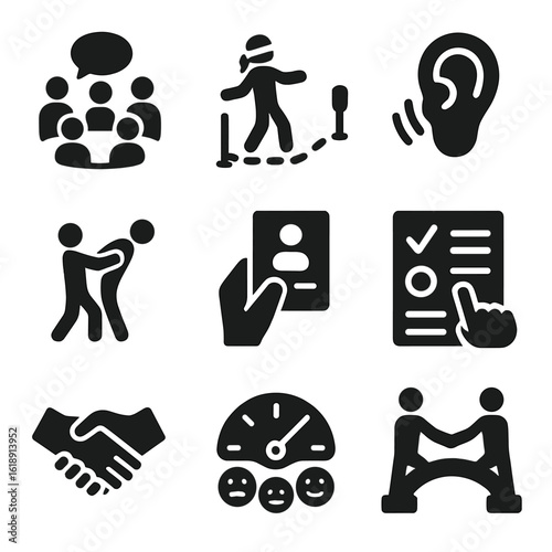 Communication Icons Grid. Solid, filled icons set of communication and trust exercises: talking circle,