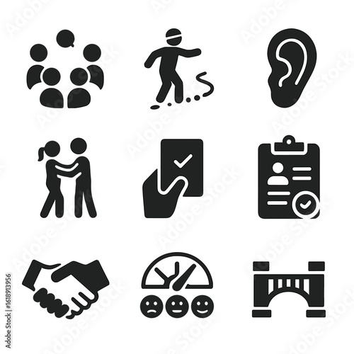 Communication Icons Grid. Solid, filled icons set of communication and trust exercises: talking circle,