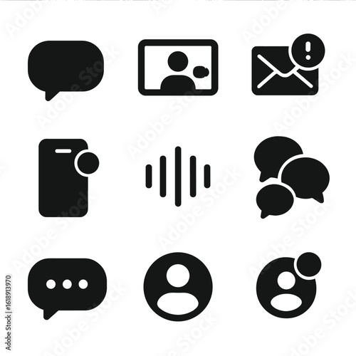 Communication Icon Set. Solid, filled icons set of communication and mobile messaging: message bubble, video