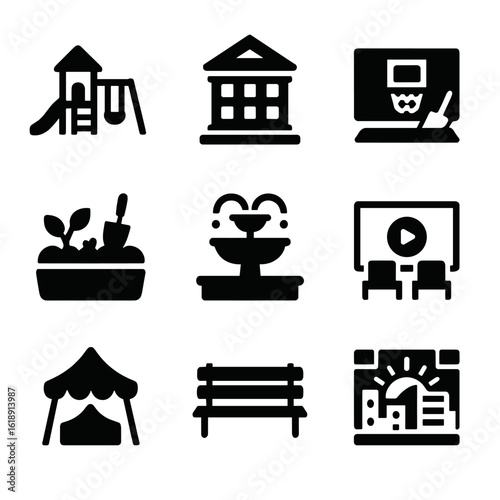 Community Icons Grid. Solid, filled icons set of public spaces and community life: playground, city library,