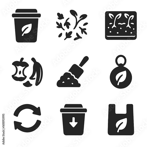 Composting Icons Set. Solid, filled icons set of composting and waste reduction from microgreens: compost bin,