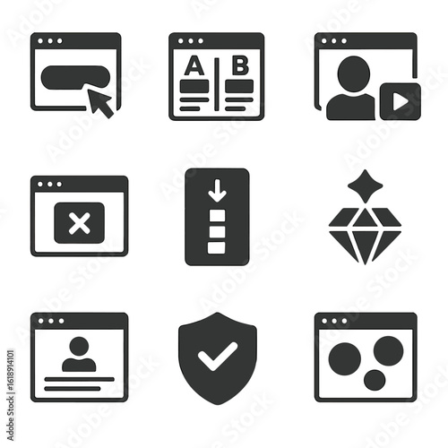 Conversion Optimization Icons. Solid, filled icons set of conversion rate optimization: CTA button test,