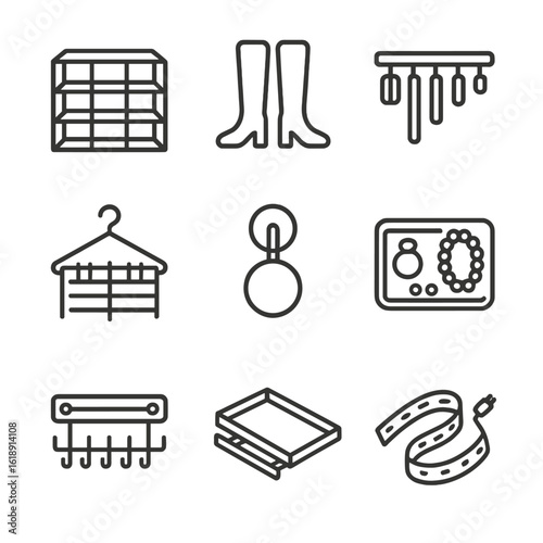Accessory Storage Icons. Outline icon set of accessory and shoe organization: shoe cubby, boot holder, belt rack, tie hanger,