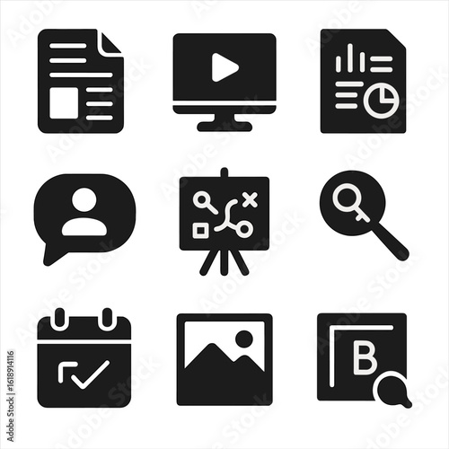 Content Marketing Icons. Solid, filled icons set of content marketing techniques: blog post, video tutorial,