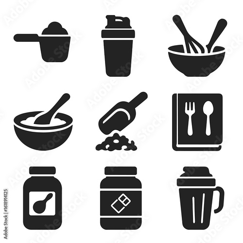 Cooking Protein Icons. Solid, filled icons set of cooking with protein powders: measuring scoop, shaker bottle
