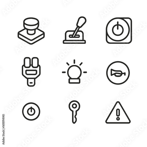 Amusement Ride Control Icons. Outline icon set of amusement ride controls: emergency stop button, speed lever, control panel knob,