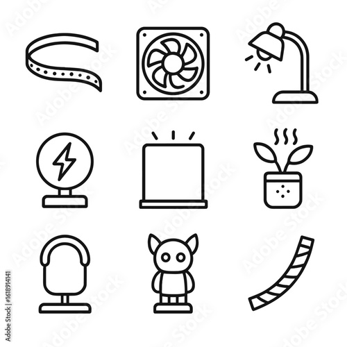Ambient Lighting Icons. Outline icon set of ambient lighting and aesthetics: RGB strip, LED fan, desk lamp, neon sign, backlight