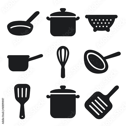Cookware Icon Set. Solid, filled icons set of cookware commonly found on pot racks: frying pan, soup pot,