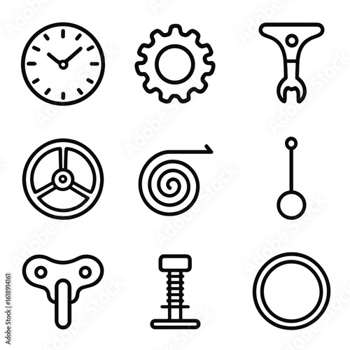 Analog Timekeeping Icons. Outline icon set of analog timekeeping components: clock face, gear wheel, escapement lever, balance