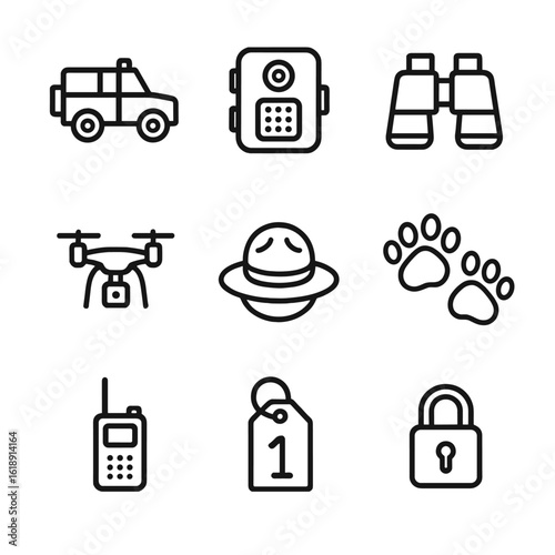 Anti-Poaching Icon Set. Outline icon set of anti-poaching efforts: ranger patrol vehicle, camera trap, binoculars, drone, ranger