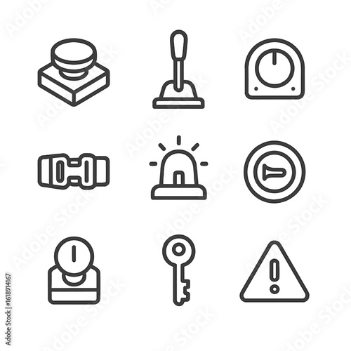 Amusement Ride Control Icons. Outline icon set of amusement ride controls: emergency stop button, speed lever, control panel knob,