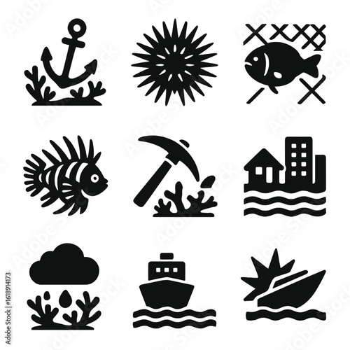 Coral Reef Threat Icons. Solid, filled icons set of threats to coral reefs: anchor damage, crown-of-thorns