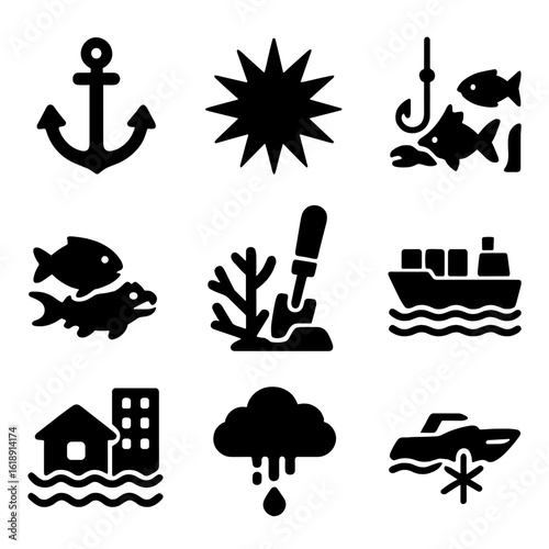 Coral Reef Threat Icons. Solid, filled icons set of threats to coral reefs: anchor damage, crown-of-thorns