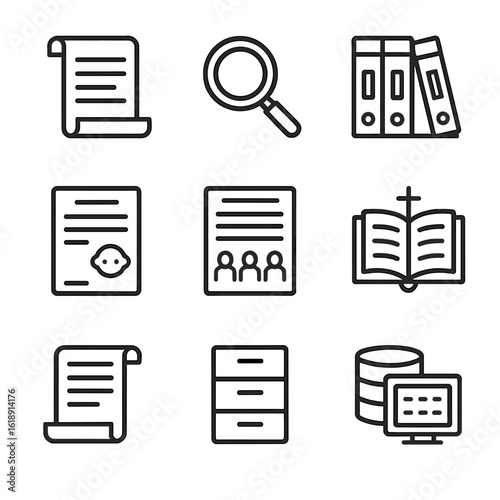 Archival Records Icons. Outline icon set of archival records search: old parchment, magnifying glass, library archive, birth