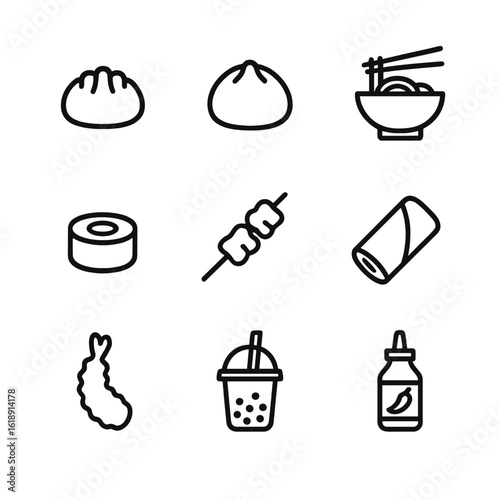 Asian Street Food Icons. Outline icon set of Asian street food: dumpling, bao bun, ramen bowl, sushi roll, satay skewer, spring