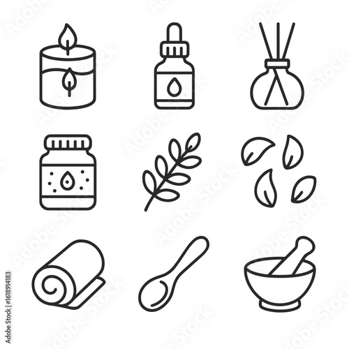 Aromatherapy Bath Essentials Icons. Outline icon set of aromatherapy bath essentials: scented candle, essential oil bottle,