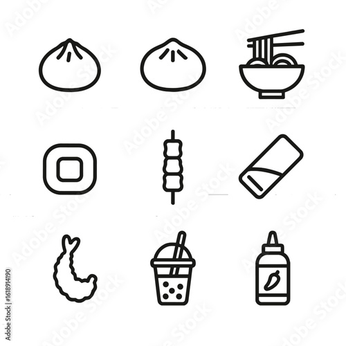 Asian Street Food Icons. Outline icon set of Asian street food: dumpling, bao bun, ramen bowl, sushi roll, satay skewer, spring