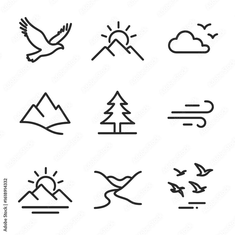 Obraz premium Birds Over Mountains. Outline icon set of bird soaring over peaks: bird silhouette with outstretched wings, mountain peak outline,