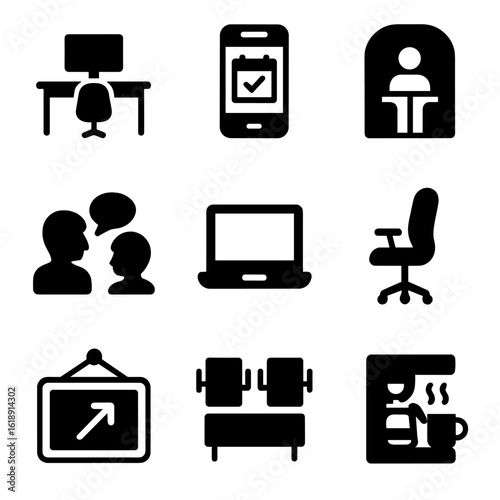 Coworking Space Icons. Solid, filled icons set of modern coworking space essentials: hot desk icon, booking