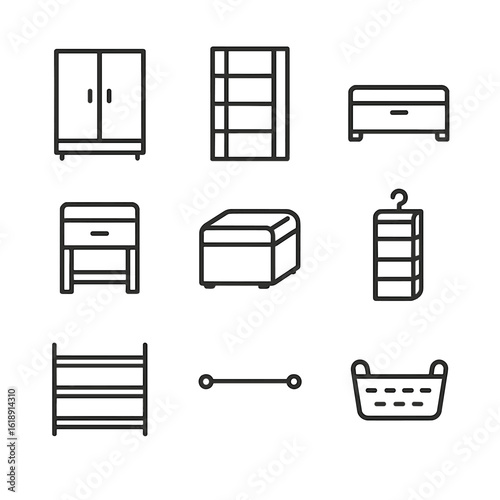 Bedroom Storage Icons. Outline icon set of bedroom storage solutions: wardrobe, open shelving, under-bed drawer, bedside table