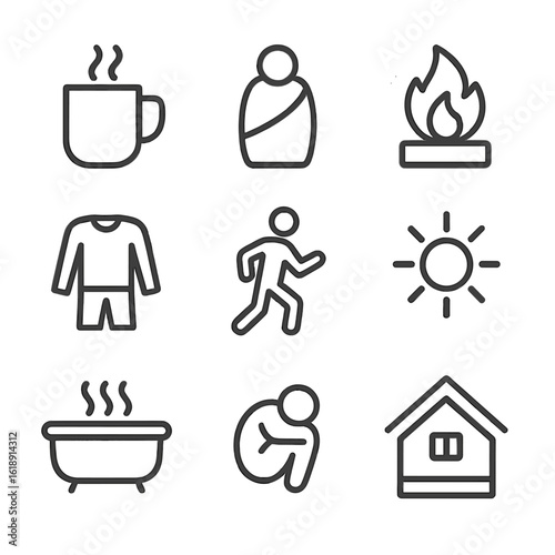 Behavioral Warming Icons. Outline icon set of Behavioral warming strategies: hot drink mug, blanket wrap, fireplace flame, thermal