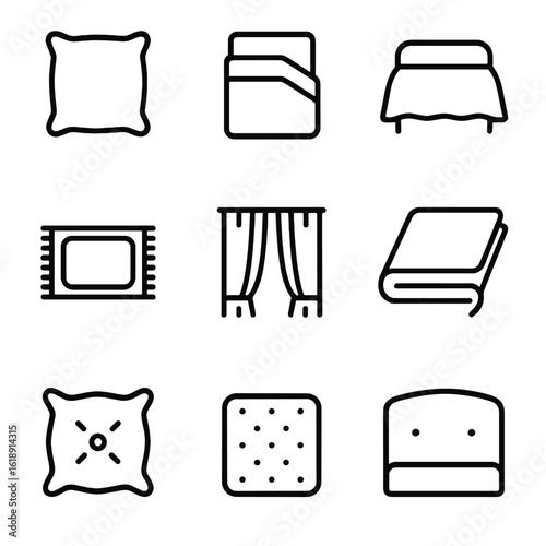 Bedroom Textiles Icons. Outline icon set of bedroom textiles and accessories: throw pillow, duvet cover, bedspread, area rug,