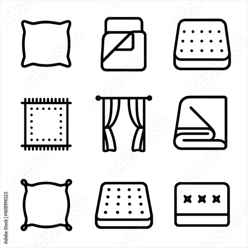 Bedroom Textiles Icons. Outline icon set of bedroom textiles and accessories: throw pillow, duvet cover, bedspread, area rug,